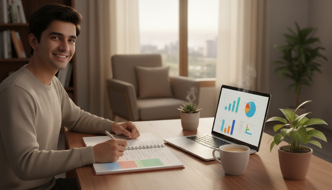 Photo Idea : A student analyzing a colored error log on a desk with a cup of tea and a laptop showing a mock test score breakdown