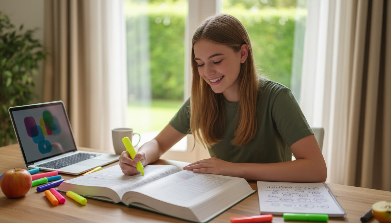 Photo Idea : A student at a desk highlighting quotes and writing notes in a notebook