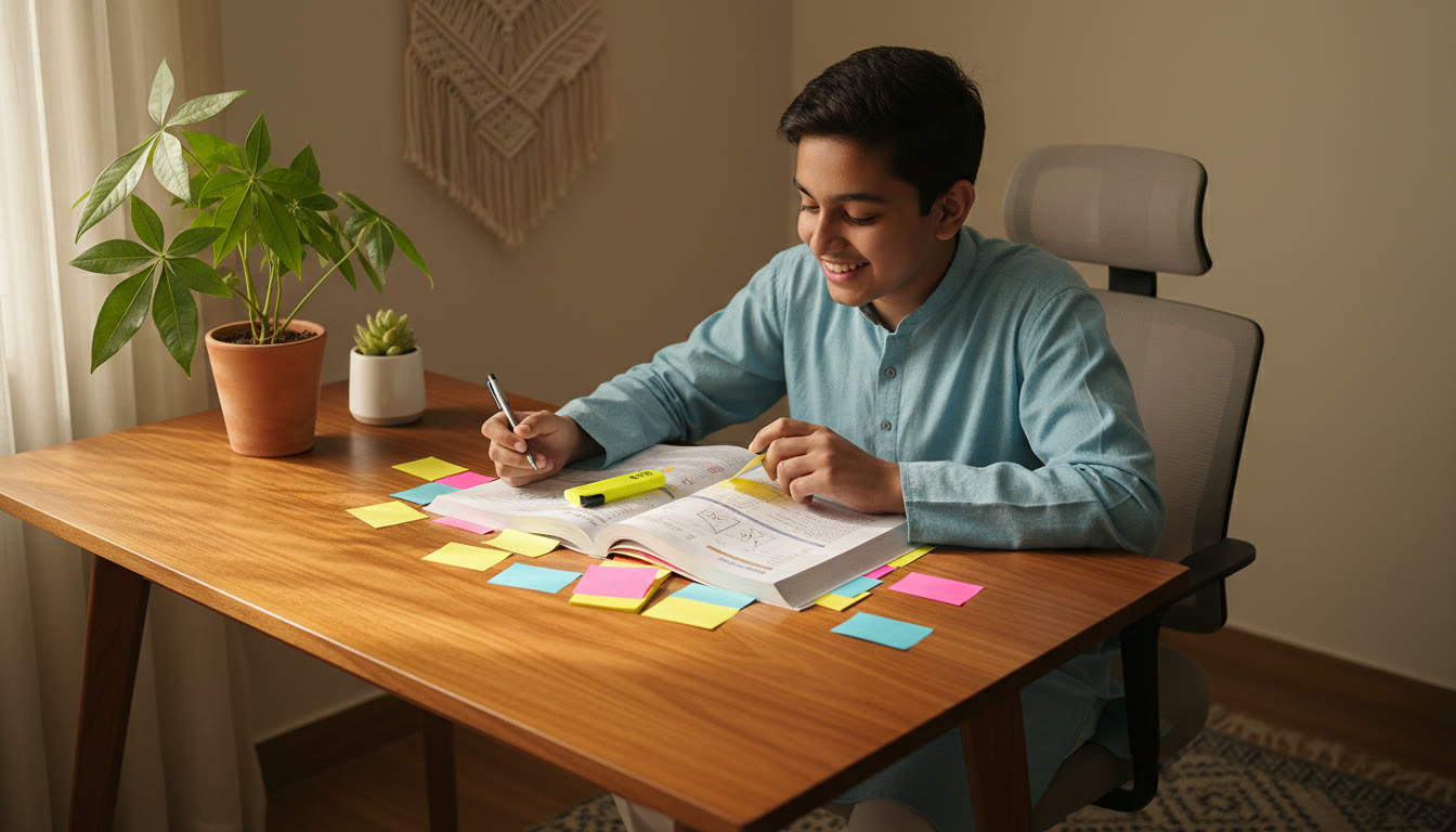 Photo Idea : Student studying NCERT physics book at a desk with sticky notes and a highlighter