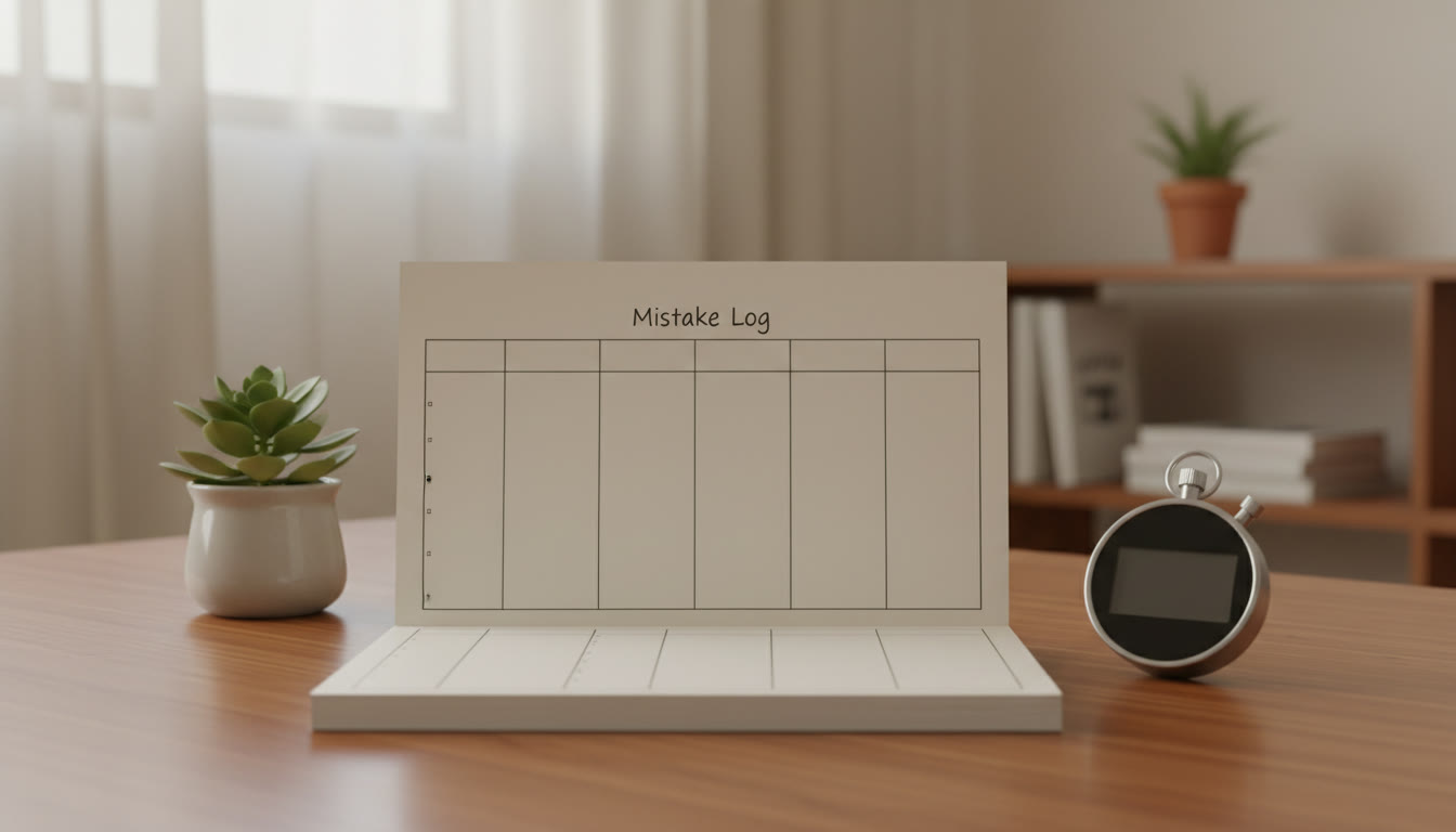 Photo Idea : A close-up of a notebook with a neat ‘mistake log’ table and a stopwatch beside it