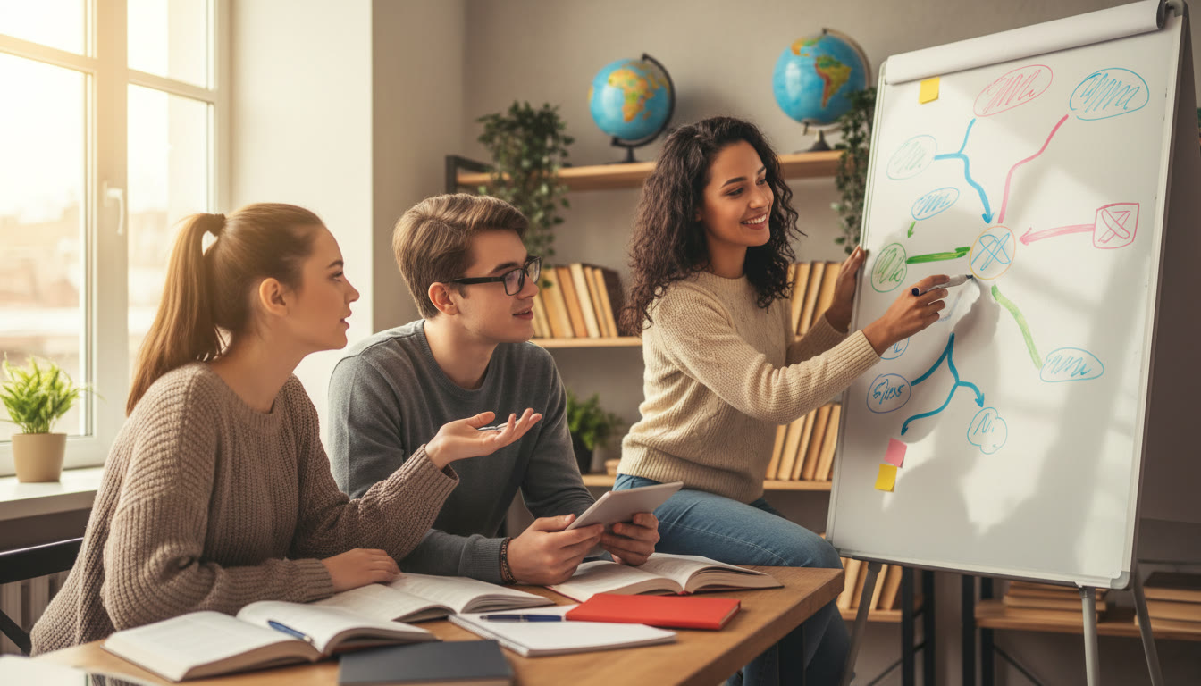 Photo Idea : small group tutoring session with a tutor pointing at a roadmap on a whiteboard