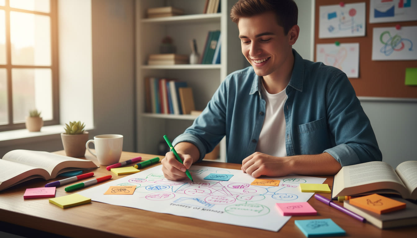 Photo Idea : Student at a desk annotating a printed TOK title with colored pens and sticky notes