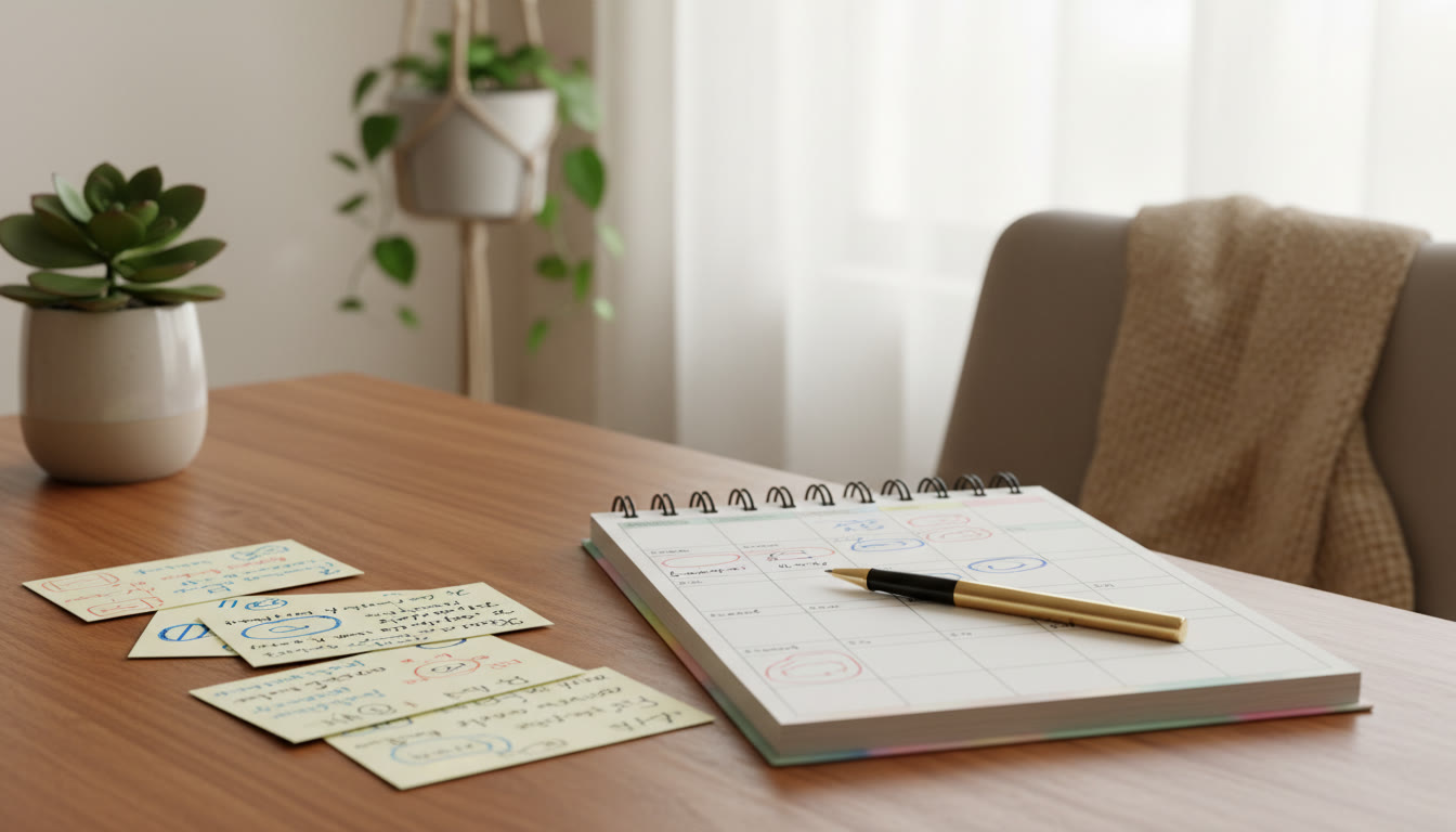 Photo Idea : A close-up of handwritten revision flashcards and a neatly organized study planner on a desk.