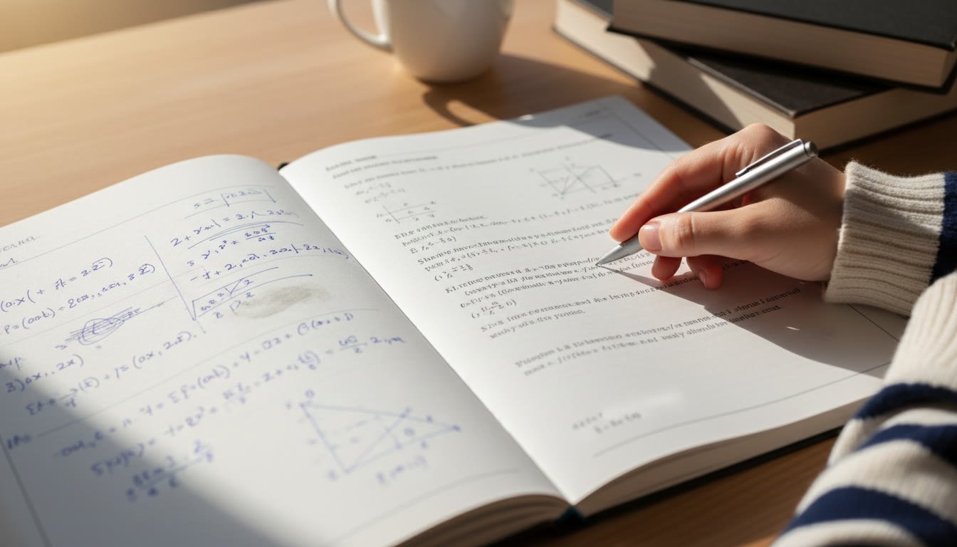 Photo Idea : Close-up of a student’s handwritten solution next to a typed, polished version in a notebook
