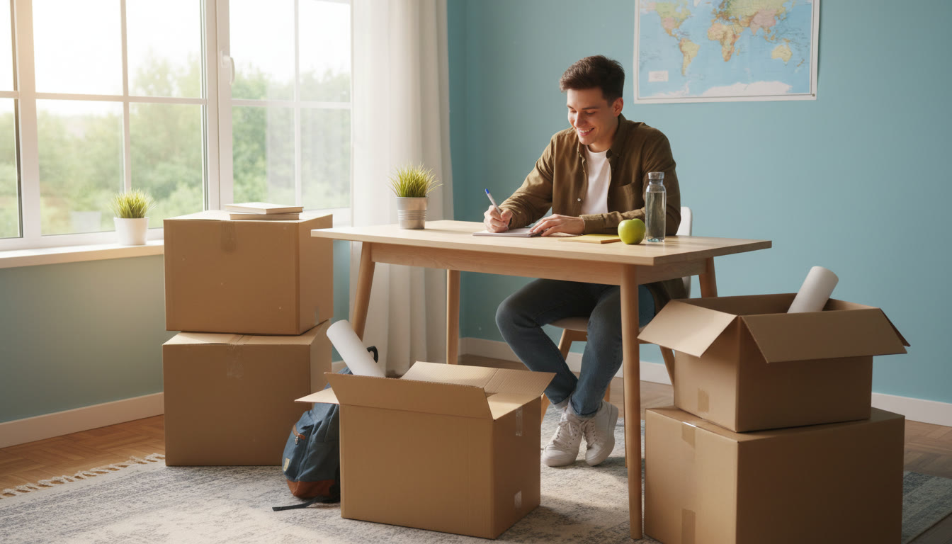 Photo Idea : A student at a desk writing in a notebook with a stack of packed boxes beside them
