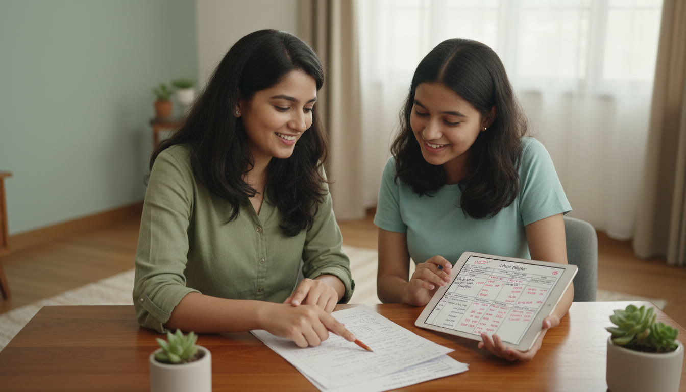 Photo Idea : Tutor and student working over an answer script with a tablet showing a marked mock paper