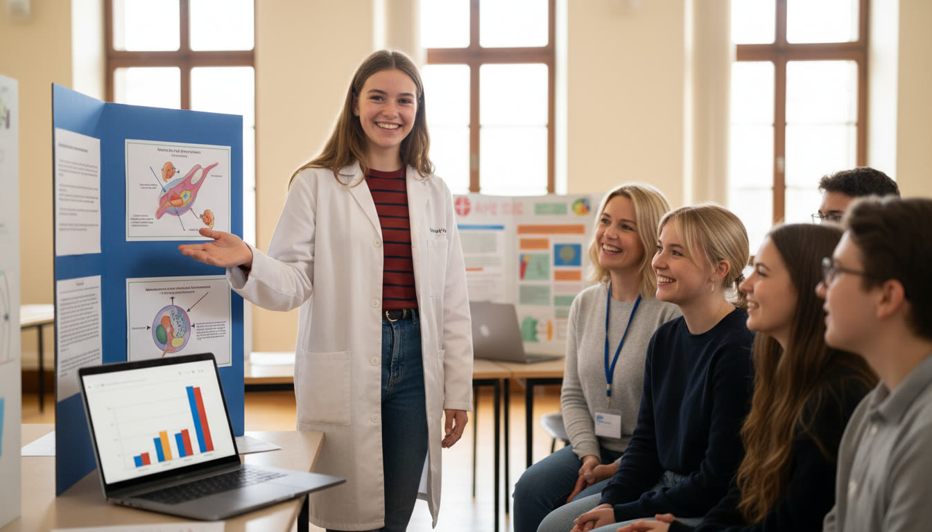 Photo Idea : A student presenting a science project to a small audience with charts and a laptop
