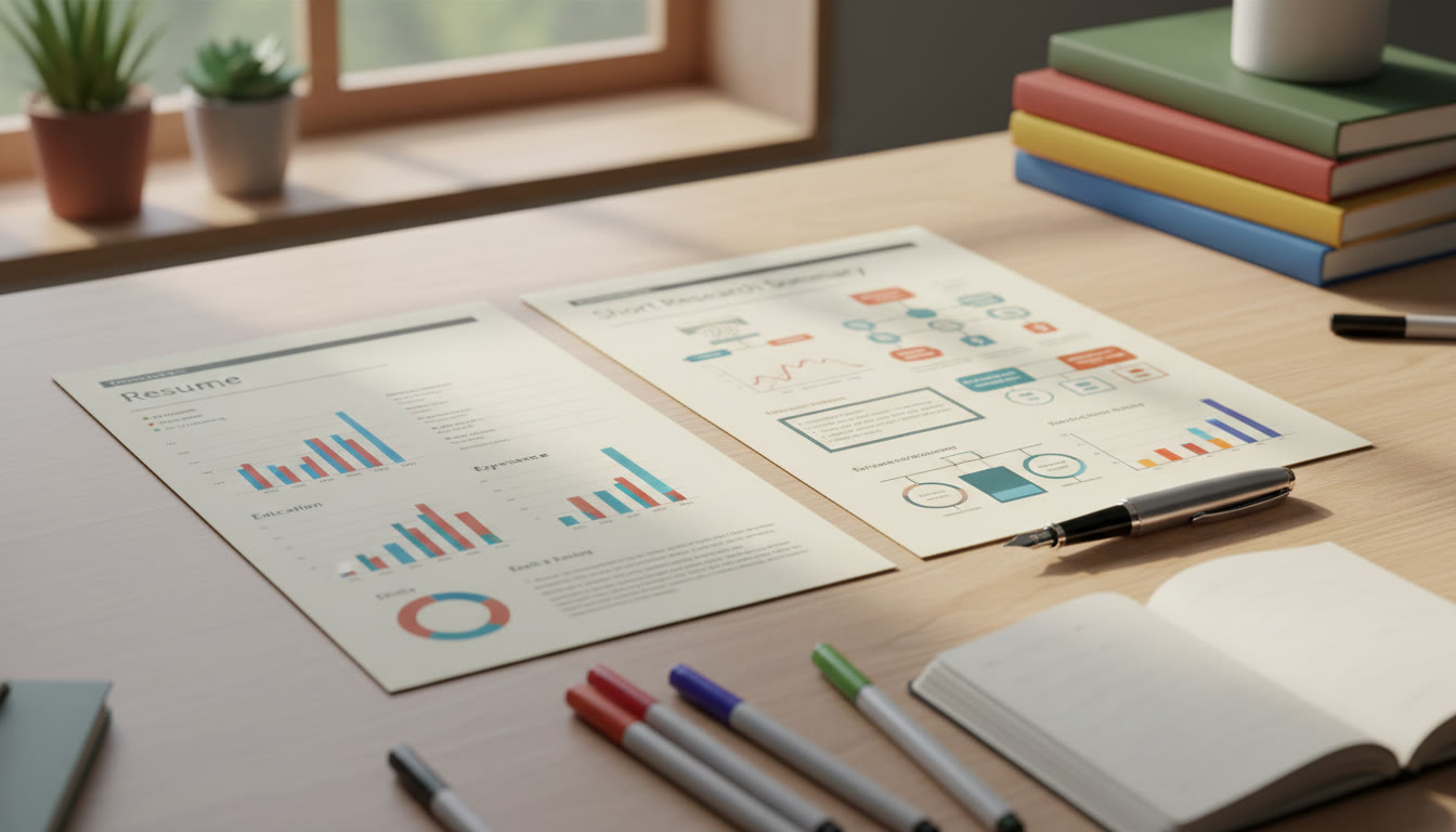 Photo Idea : A neat one-page CV and a short research summary printed on a desk with a pen