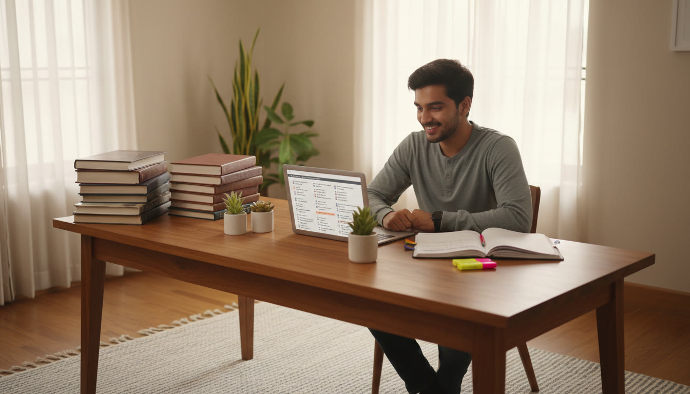 Photo Idea : A focused student at a desk with a weekly planner, textbook stacks labelled Physics, Chemistry, Mathematics, and a laptop open to practice questions