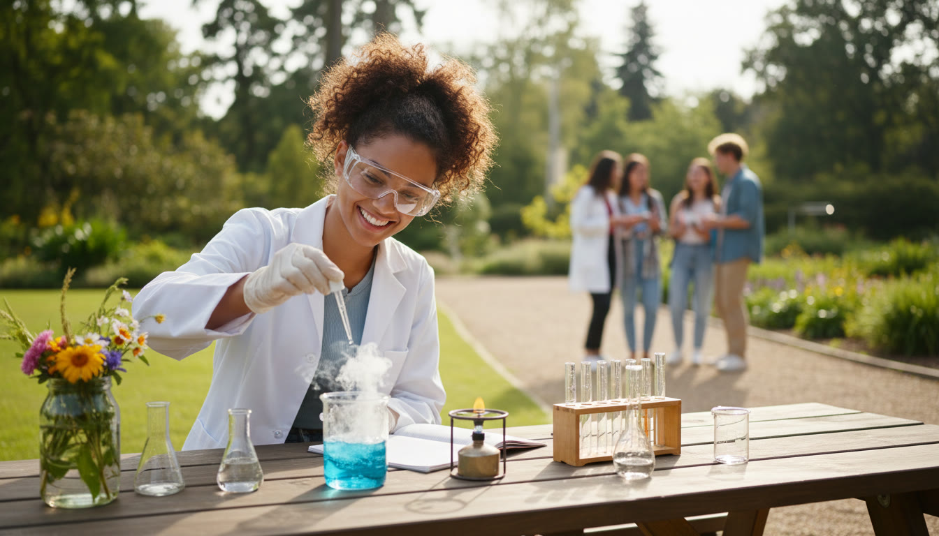 Photo Idea : Close-up of a student conducting a simple lab experiment outdoors