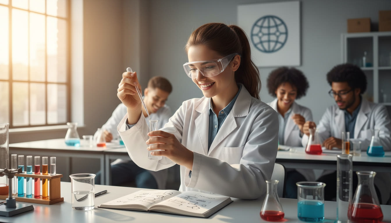 Photo Idea : Student carefully measuring a solution with a pipette over a lab notebook