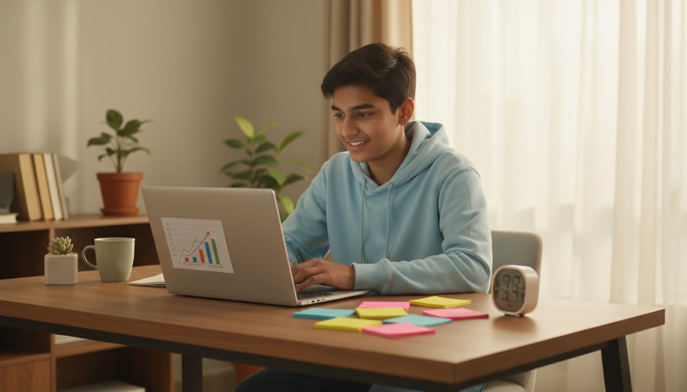 Photo Idea : A focused student at a desk, laptop open to a mock test, sticky notes and a timer beside them