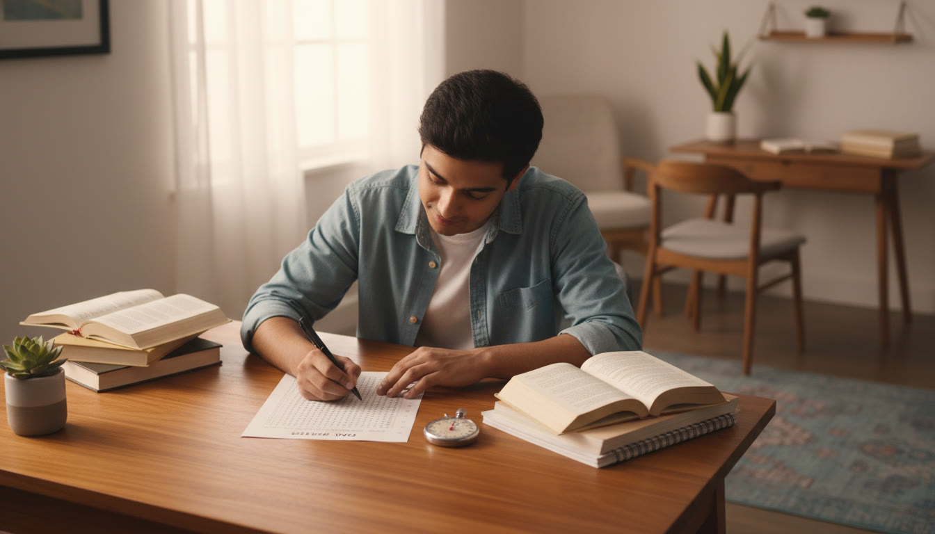 Photo Idea : A student practicing with an OMR sheet and stopwatch at a table with focused expression