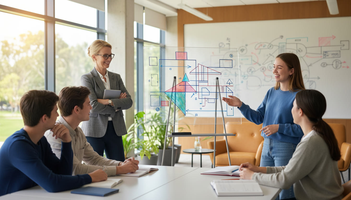 Photo Idea : A student explaining a diagram to a small group with a tutor nearby, whiteboard in background