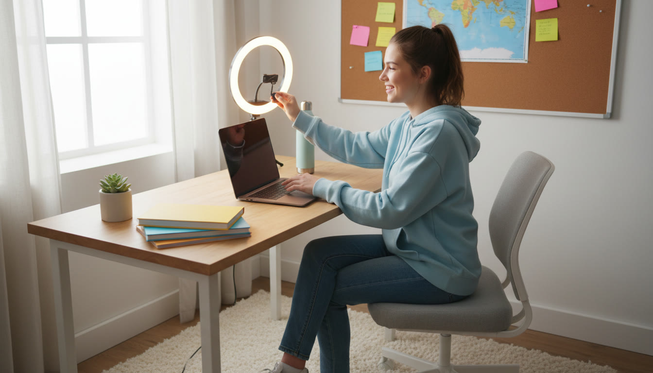 Photo Idea : Student adjusting laptop and ring light in a tidy study corner