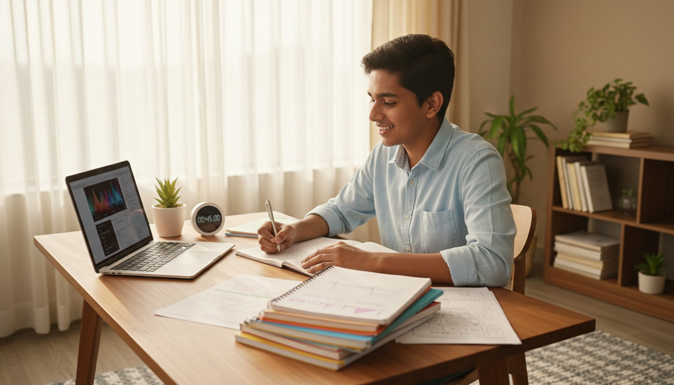Photo Idea : Student at a tidy desk with notes, a timer, and a laptop, looking focused