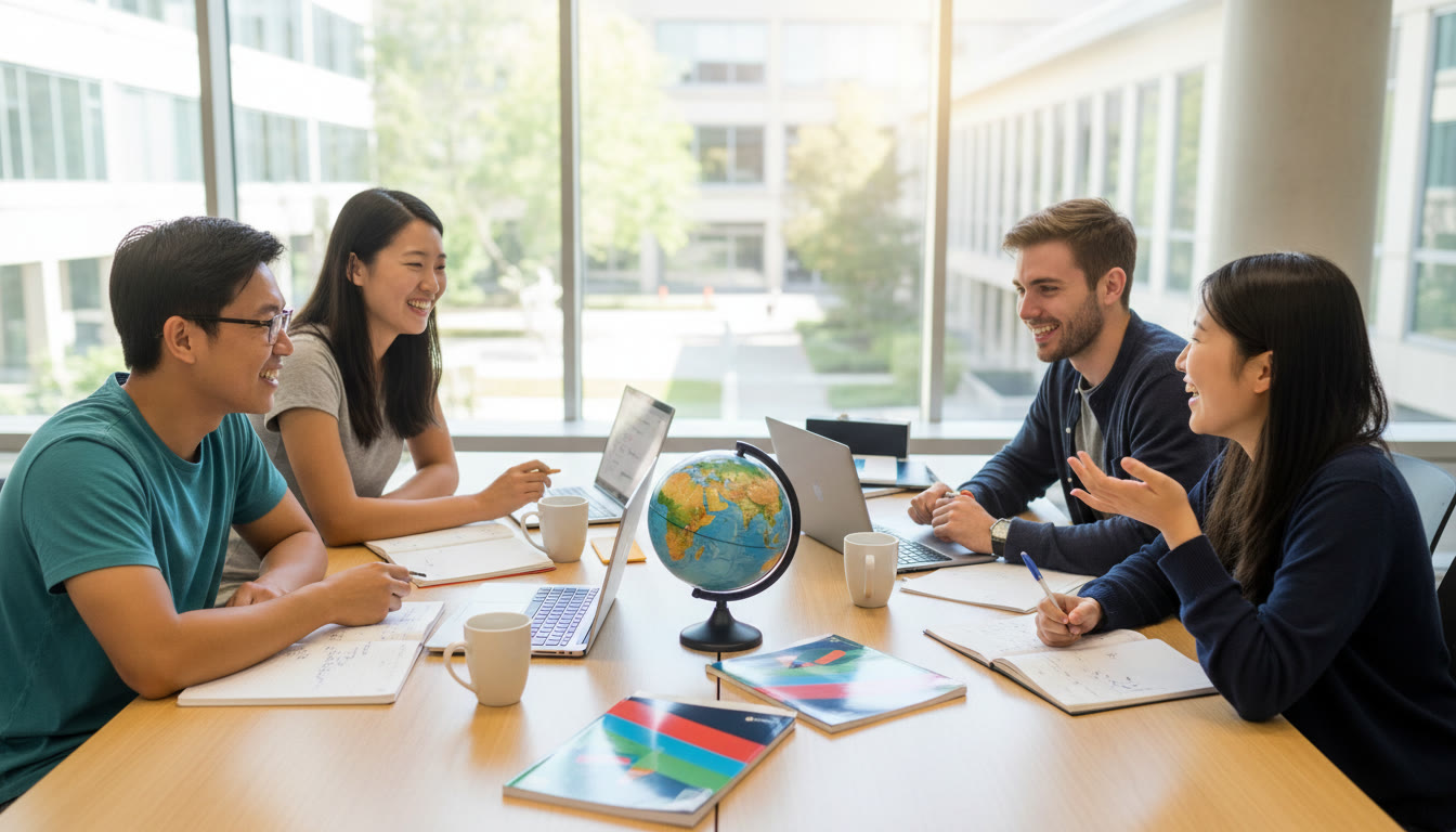 Photo Idea : A small group of diverse IB students gathered around a table with laptops, notebooks, and colorful subject guides, smiling and discussing