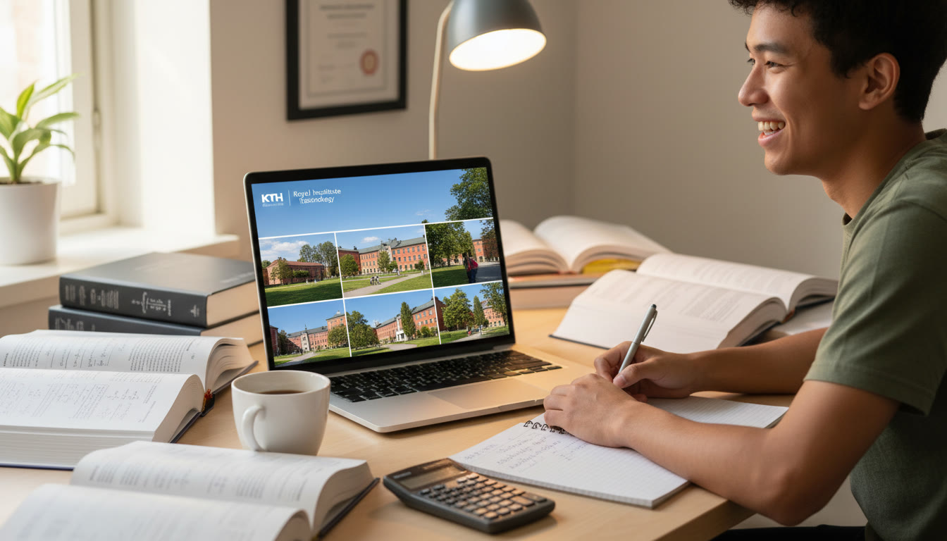 Photo Idea : IB student at a desk with math and physics books, a laptop showing KTH campus photos