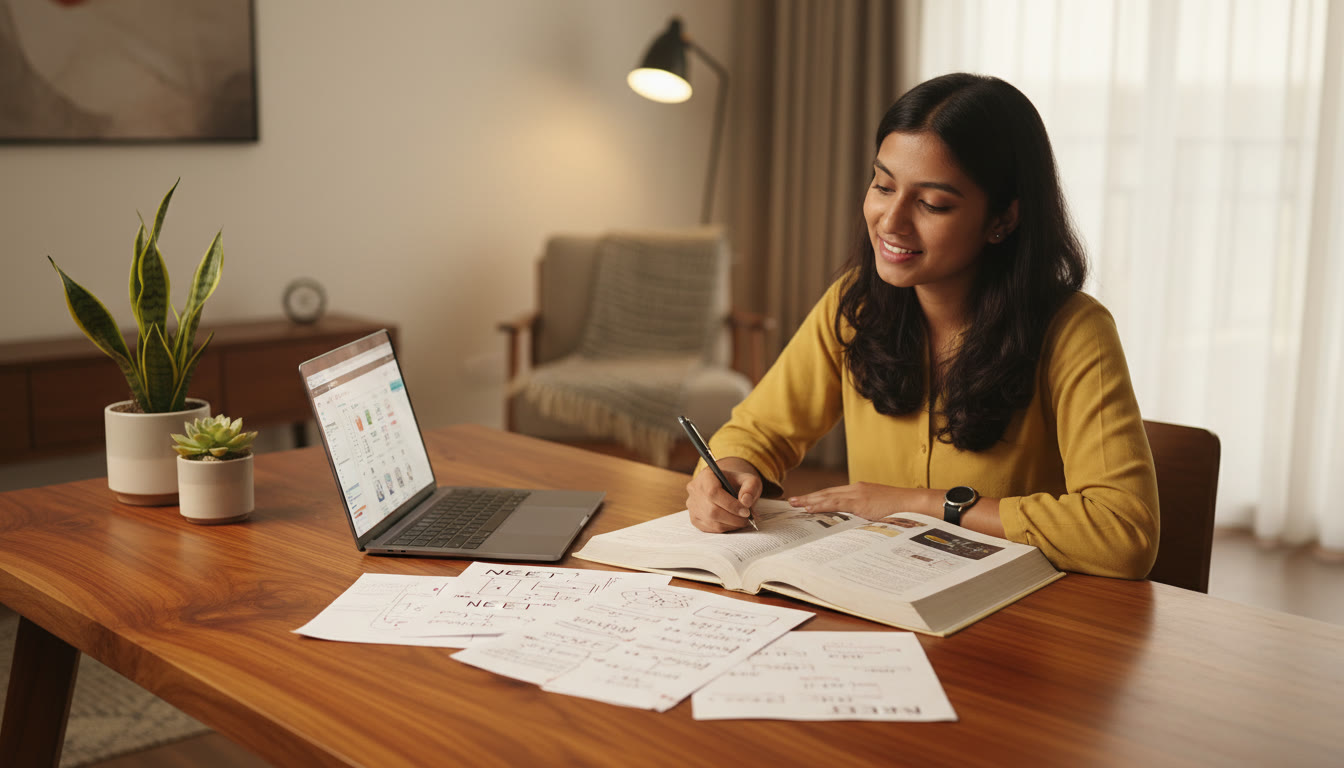 Photo Idea : A focused student at a wooden desk with NEET notes, an international-curriculum textbook, and a laptop