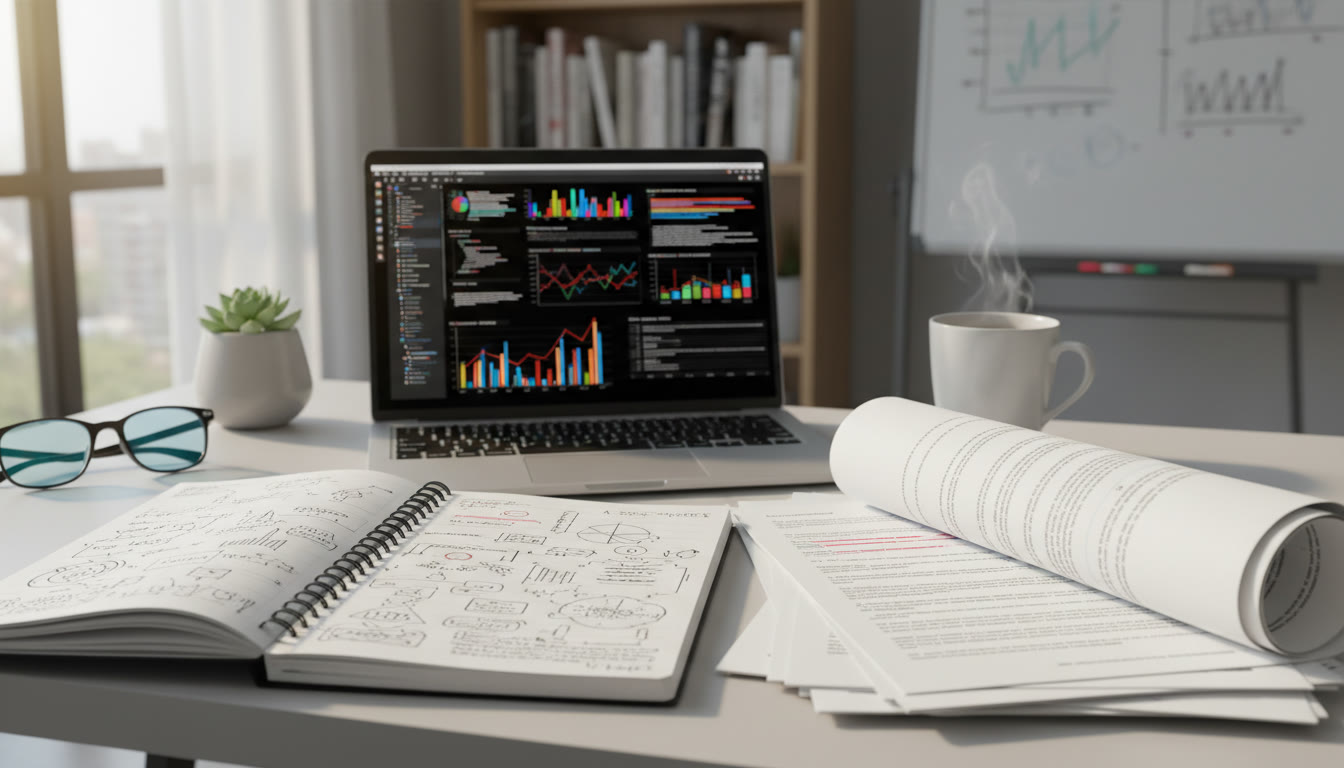 Photo Idea : Close-up of an open notebook with research notes, a printed draft of an Extended Essay, and a laptop showing code or charts