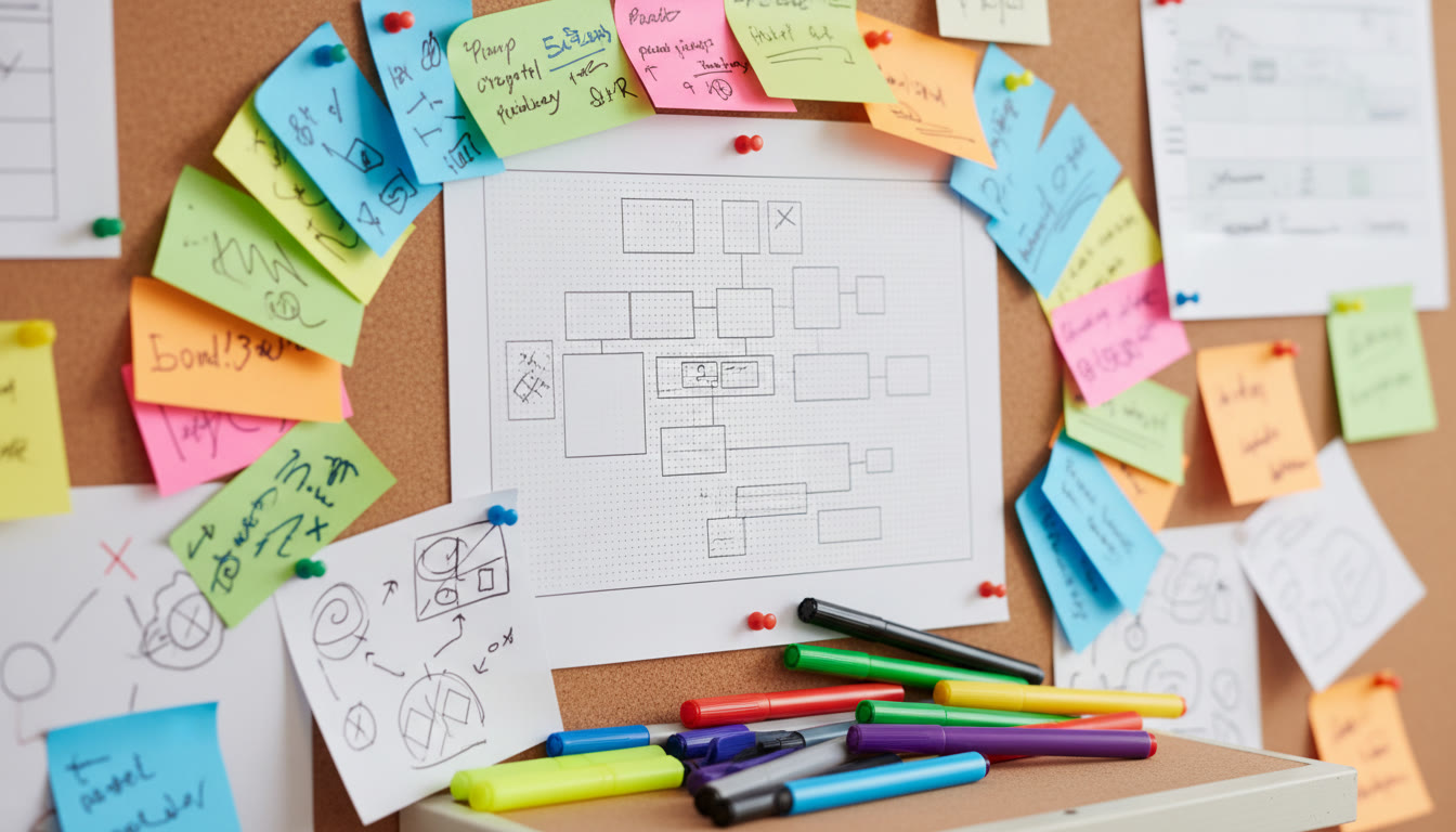 Photo Idea : Close-up of a dashboard printout pinned on a wall with project notes and colourful markers