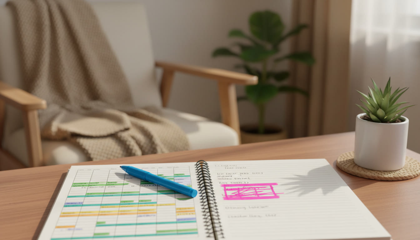 Photo Idea : Close-up of a notebook with a colorful tracker table, a pen, and a highlighted mistake log entry