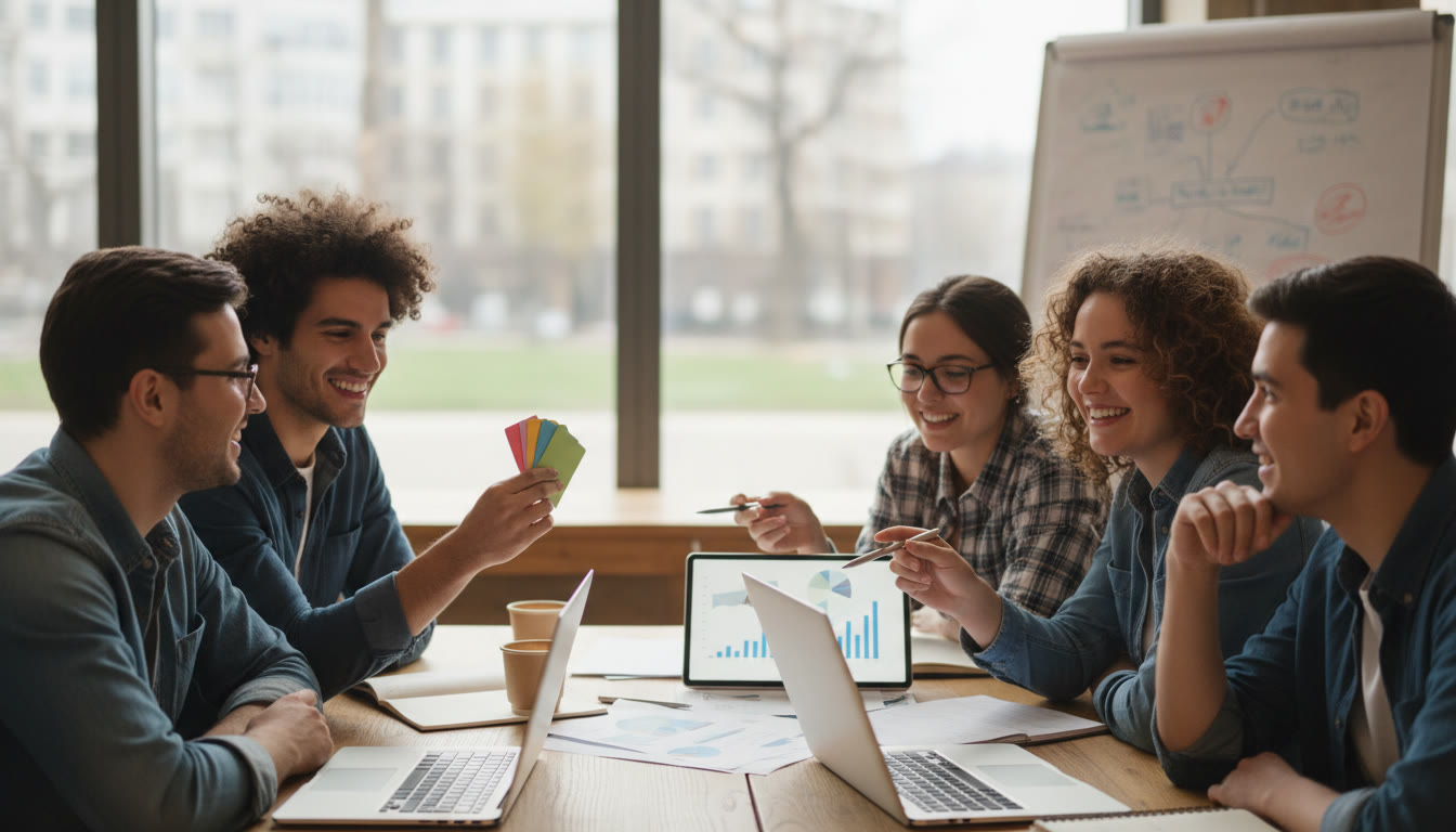 Photo Idea : Group of students discussing data and flashcards at a cafรฉ