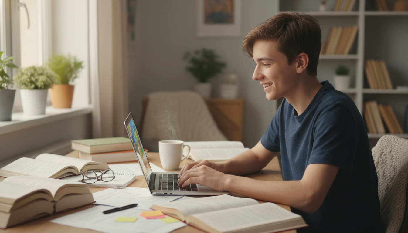 Photo Idea : A student opening a laptop to check their IB results, expression of quiet focus, surrounded by notes and a coffee mug