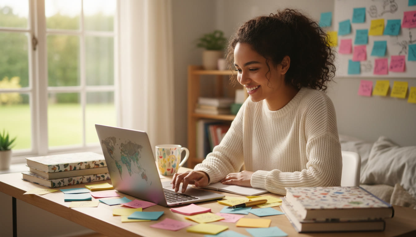 Photo Idea : Student at a desk surrounded by colored sticky notes and a laptop showing a TOK question