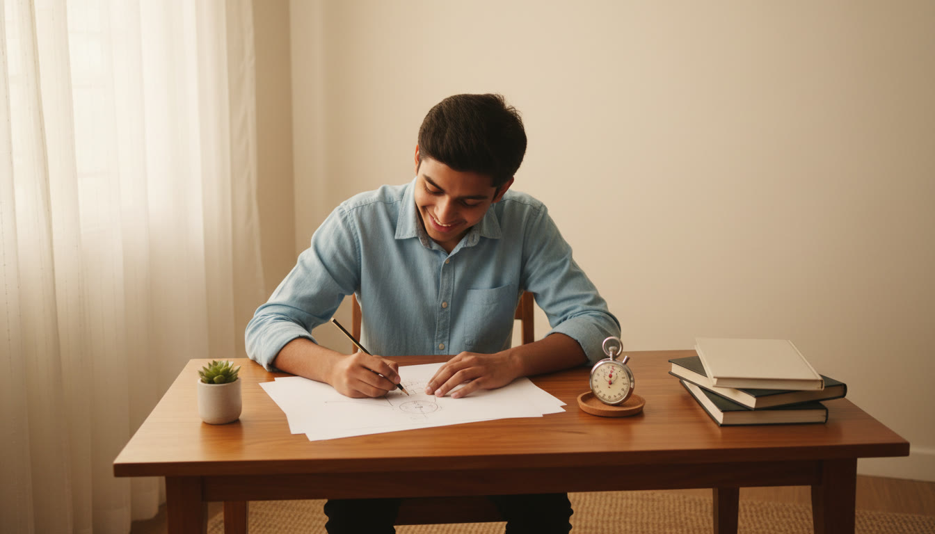 Photo Idea : Student sketching a free-body diagram on paper with a stopwatch nearby