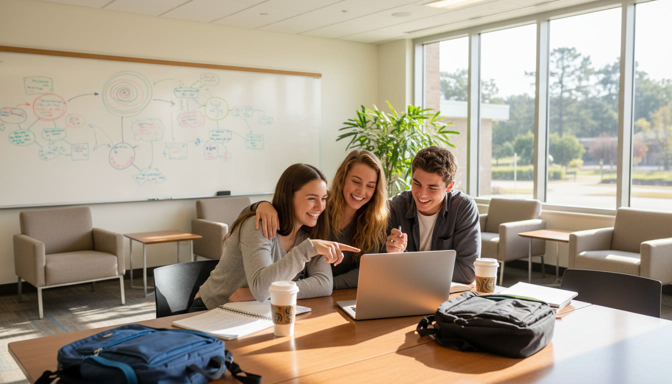 Photo Idea : A small group of students discussing a laptop screen in a school common area, visible whiteboard notes in the background