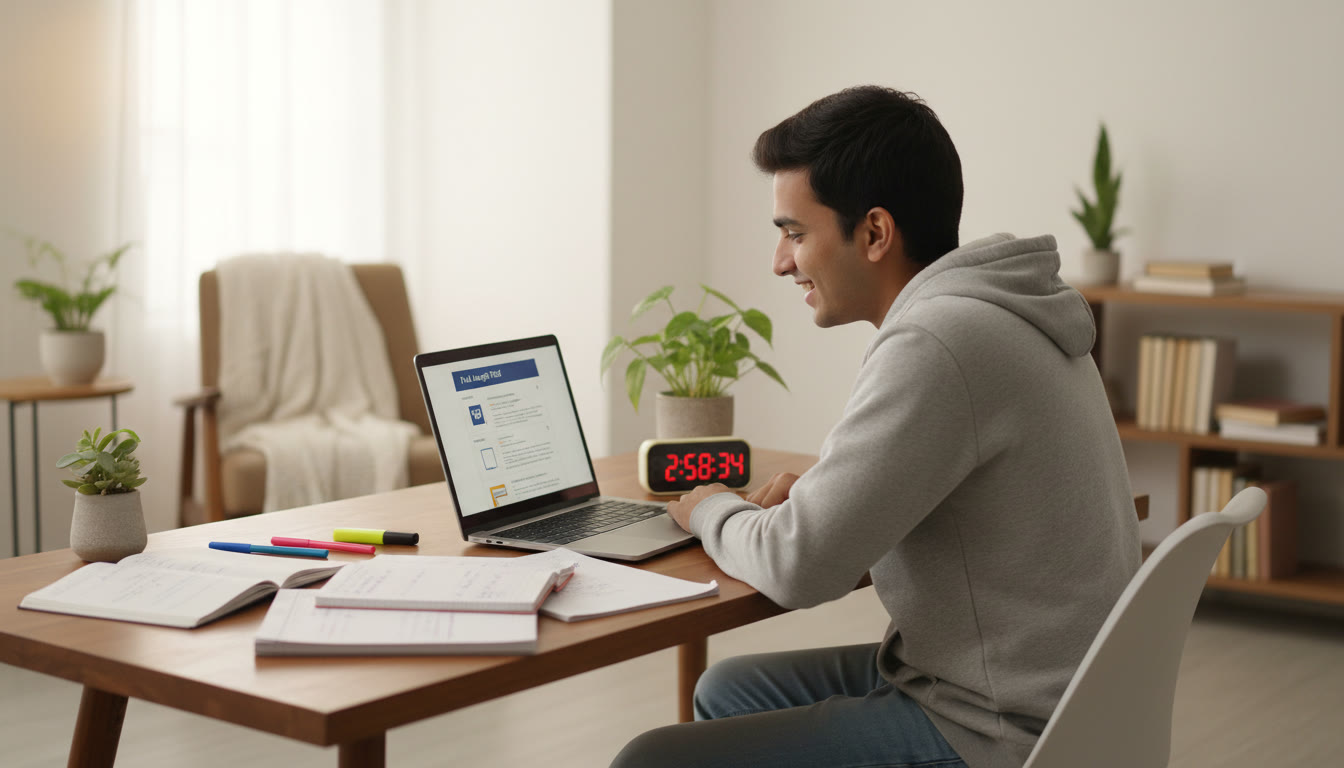 Photo Idea : Student at a desk timing a full-length mock on a laptop with a visible stopwatch and scattered notebooks