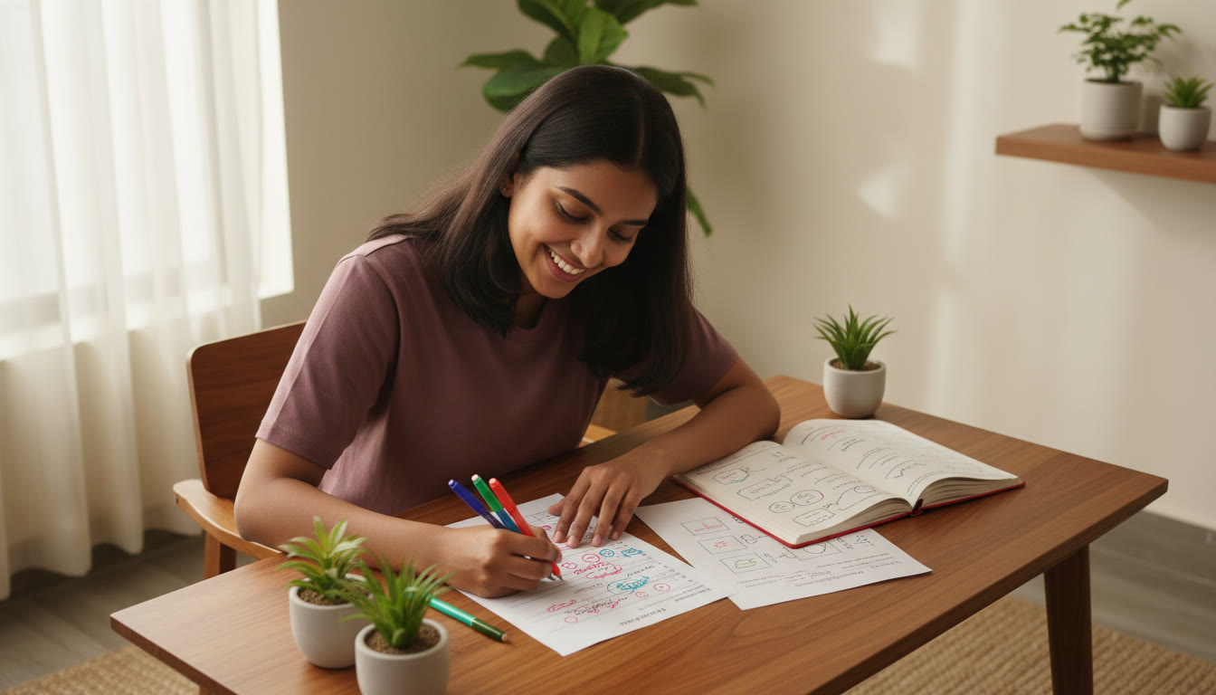Photo Idea : A student analyzing a test paper with colored pens, marking mistakes and noting themes