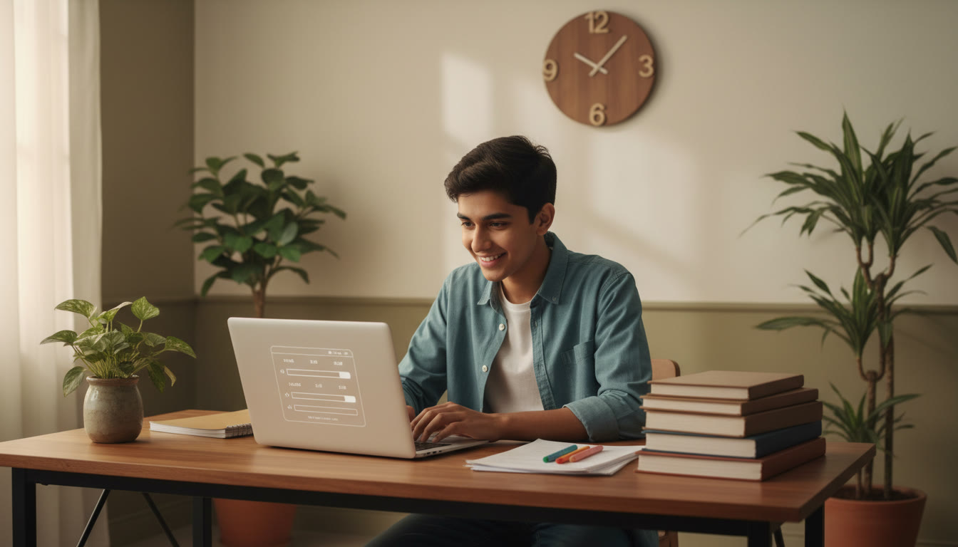 Photo Idea : A focused student at a desk with books and a laptop displaying a timed mock test, a wall clock visible