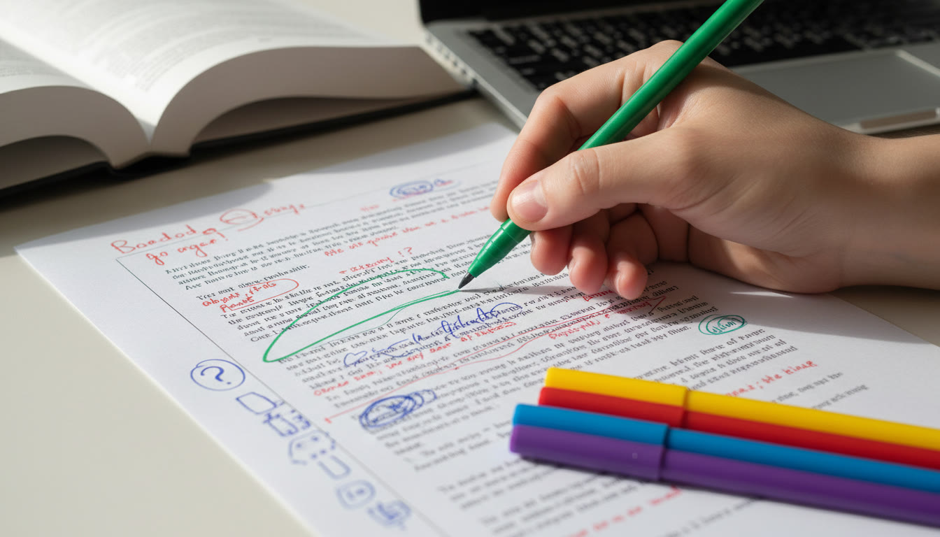 Photo Idea : Close-up of a hand marking up a TOK essay draft with coloured pens and margin notes