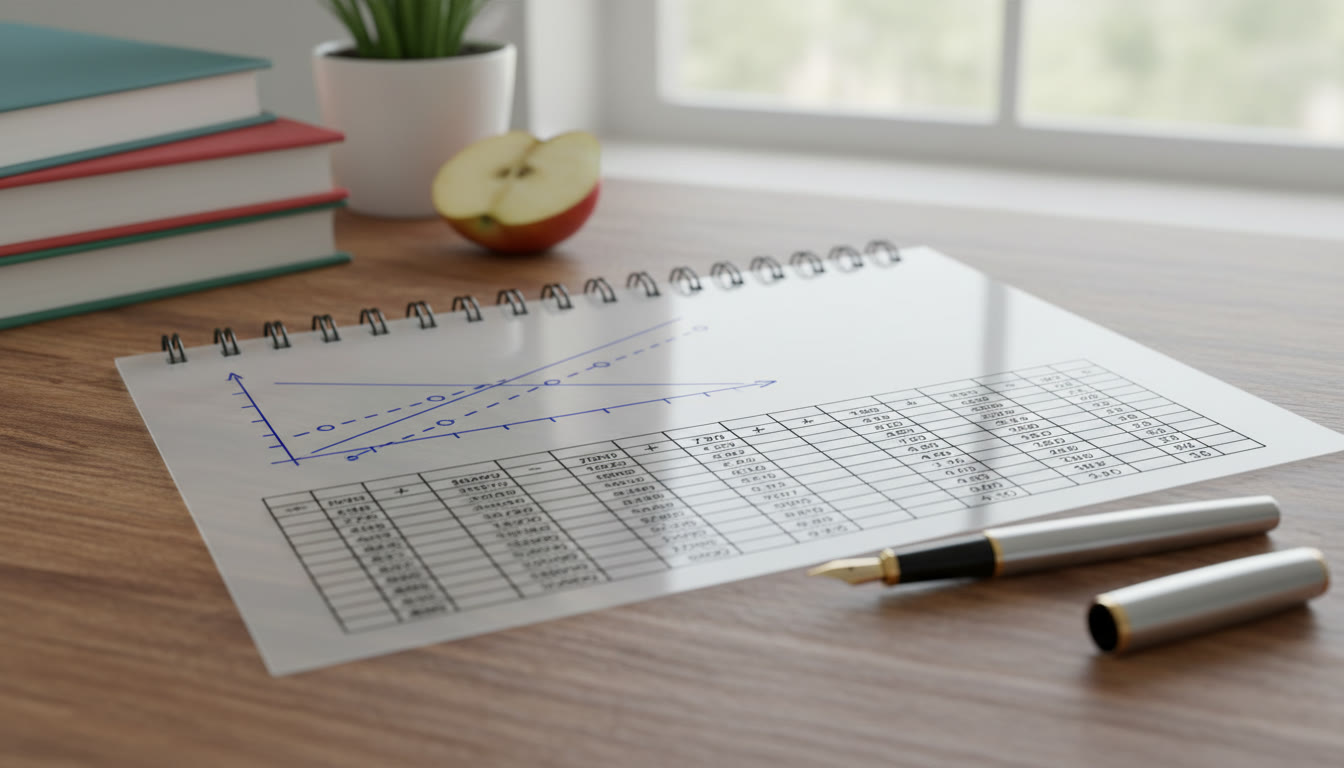 Photo Idea : Close-up of a clear lab notebook page with a labeled graph, neatly typed table, and a pen