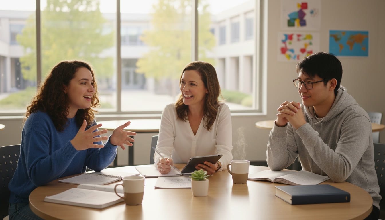 Photo Idea : Two students practicing a Spanish oral exam with a tutor, one speaking while the other listens