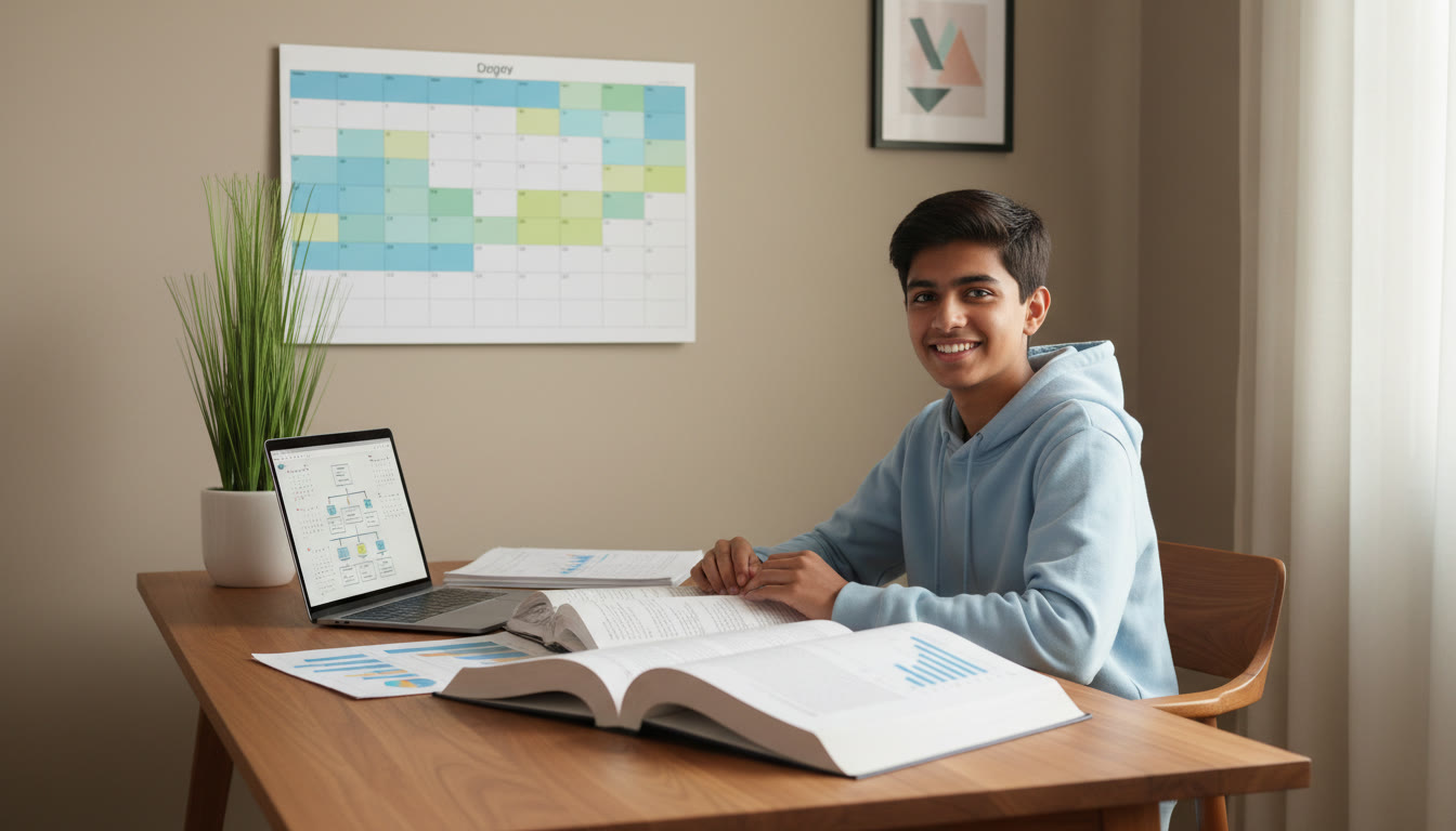 Photo Idea : Student at a desk with open books and a laptop, a wall calendar showing study blocks in the background