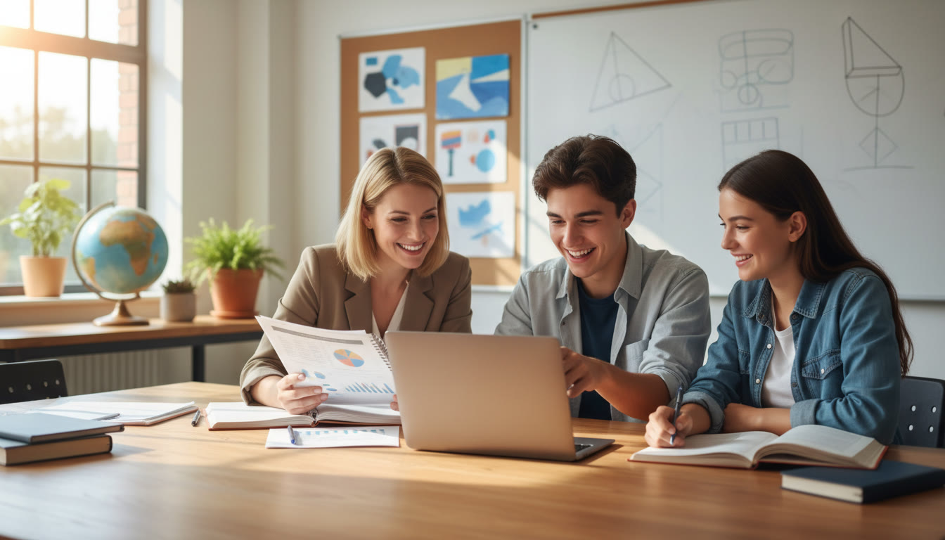 Photo Idea : two students discussing a document with a teacher, one pointing at a laptop screen