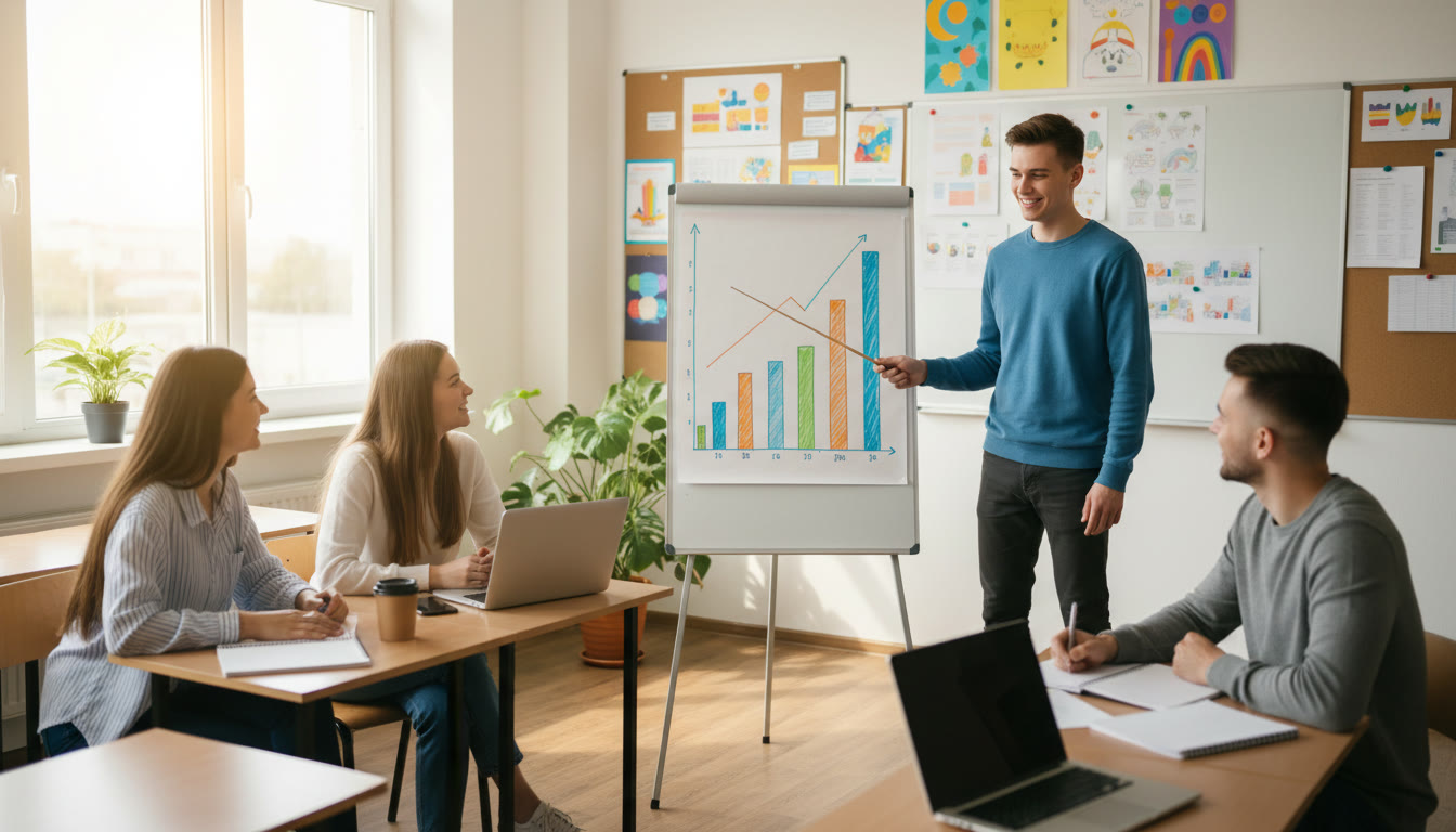 Photo Idea : Student presenting a graph to a small group in a classroom