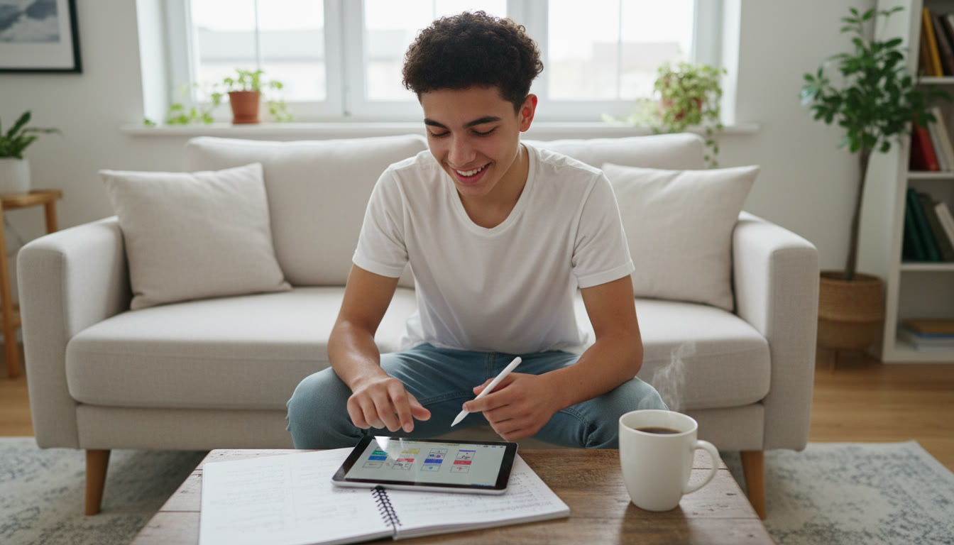 Photo Idea : student sitting on a couch reviewing a flashcard set on a tablet with a notebook and coffee nearby