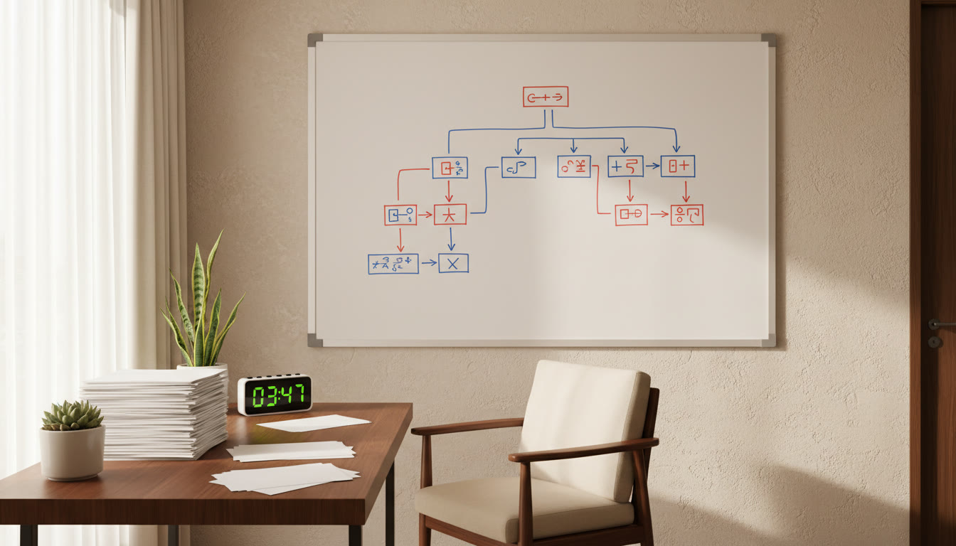 Photo Idea : Whiteboard flowchart mapping mistake categories to corrective drills with a timer and stack of practice papers