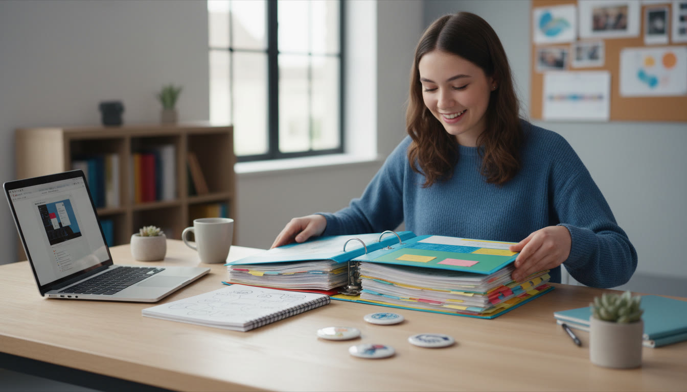 Photo Idea : A confident IB student arranging a colorful portfolio binder on a tidy desk with a laptop, notebook, and CAS badges