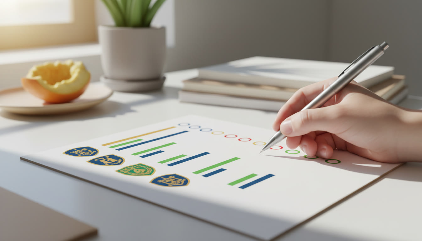 Photo Idea : Close-up of a checklist with university names, score targets and colored priority markers