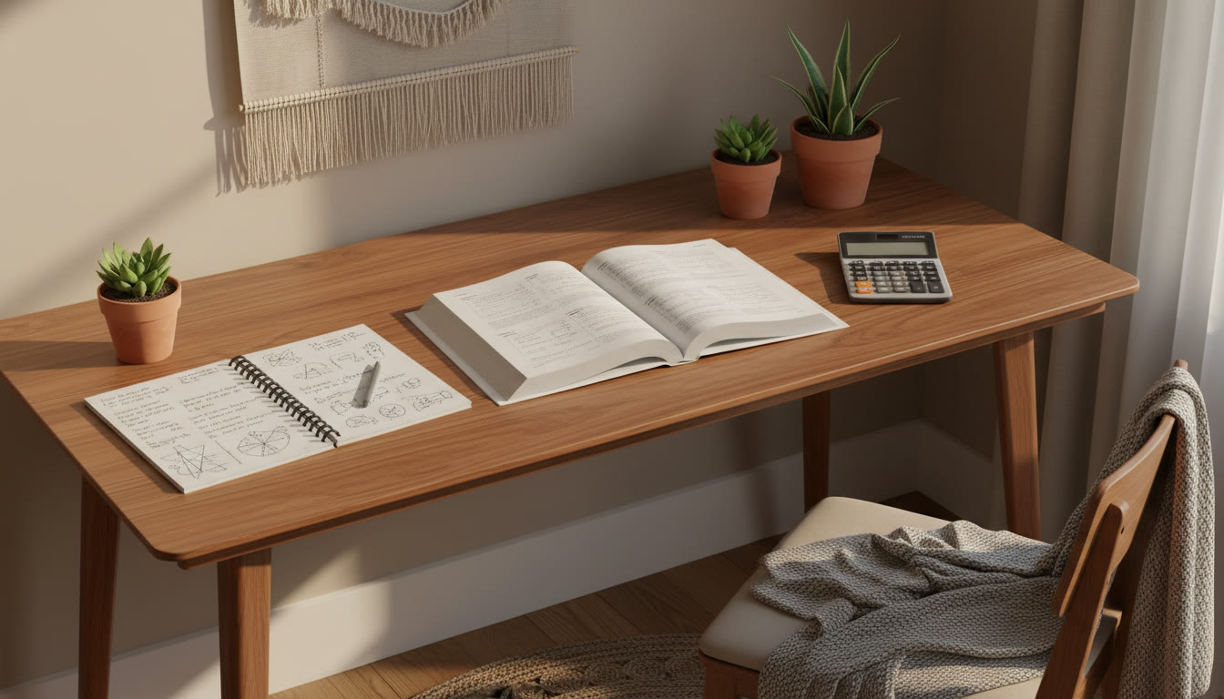 Photo Idea : A student’s tidy study desk with an open physics book, handwritten notes and a scientific calculator