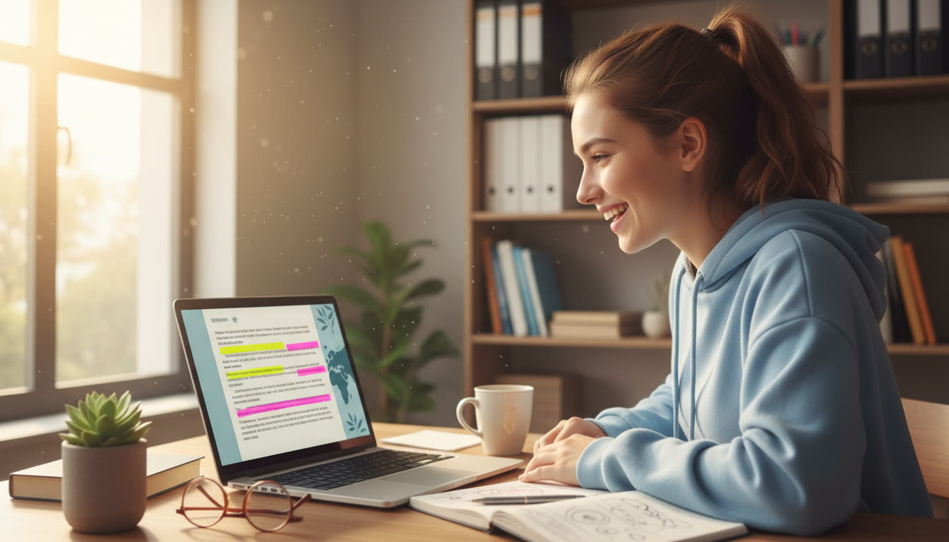 Photo Idea : a focused student at a desk looking at a laptop screen showing a document with highlighted passages