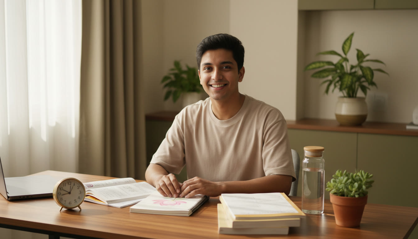 Photo Idea : Student smiling at a desk with schoolbooks and a NEET notebook, a small clock and a water bottle nearby