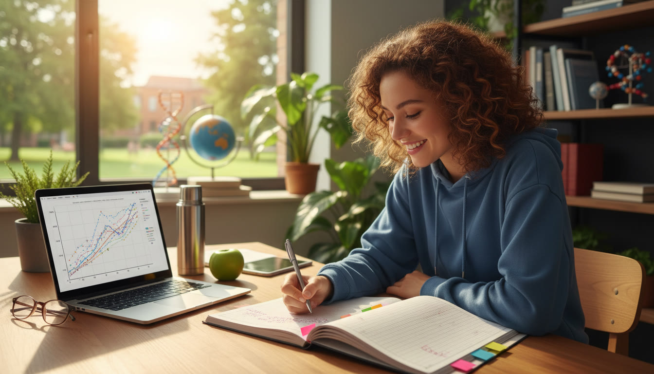 Photo Idea : A student annotating a scientific lab notebook beside a laptop displaying plotted data