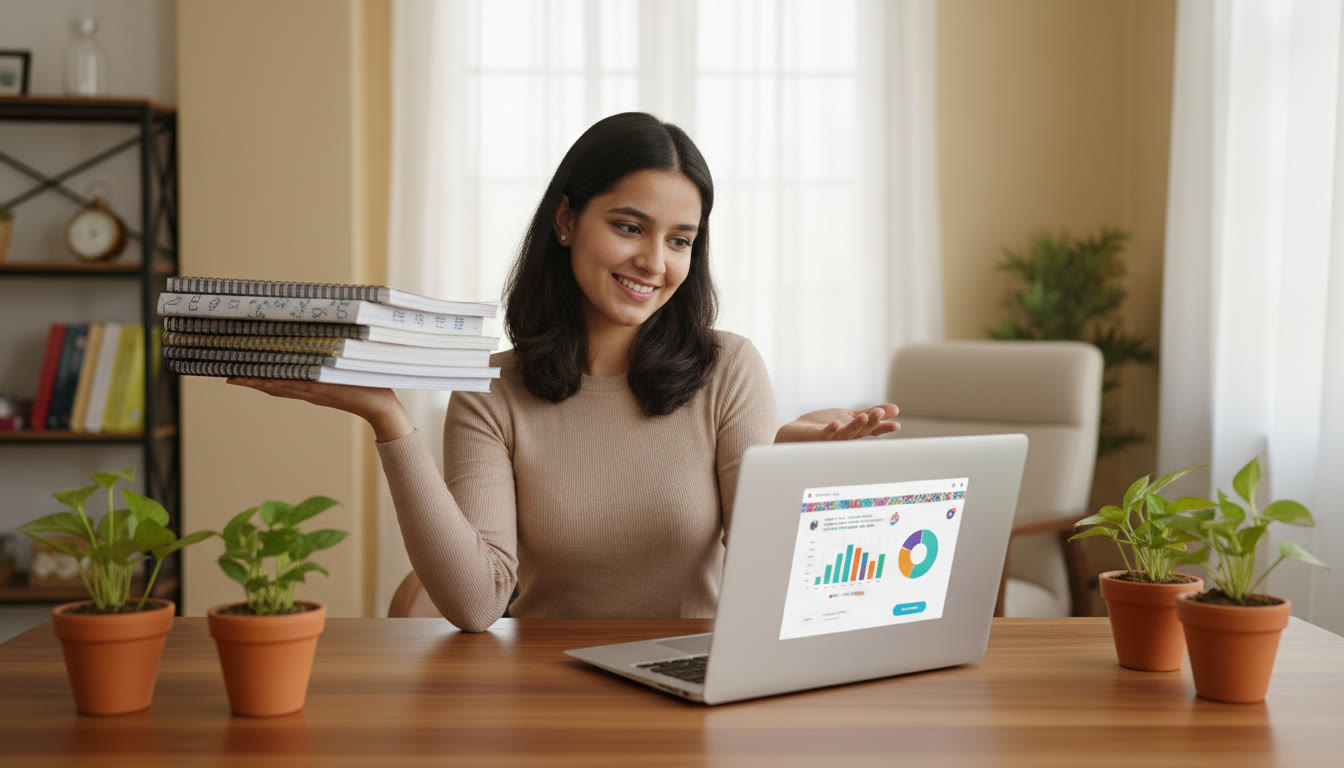 Photo Idea : Student at a study desk balancing ISC notebooks and a laptop showing a NEET mock test