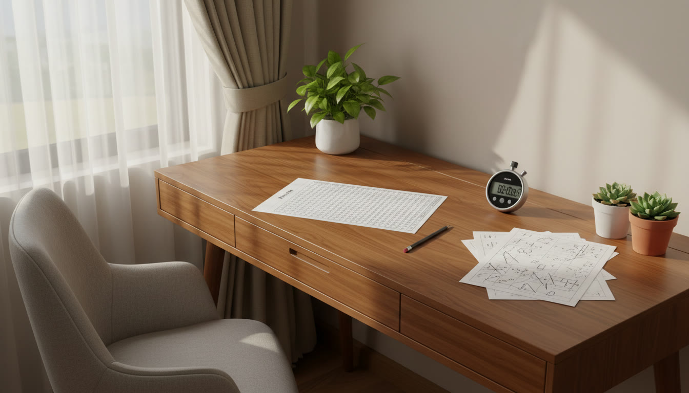 Photo Idea : A desk with a mock OMR sheet, pencil, stopwatch, and neatly crossed-out rough work